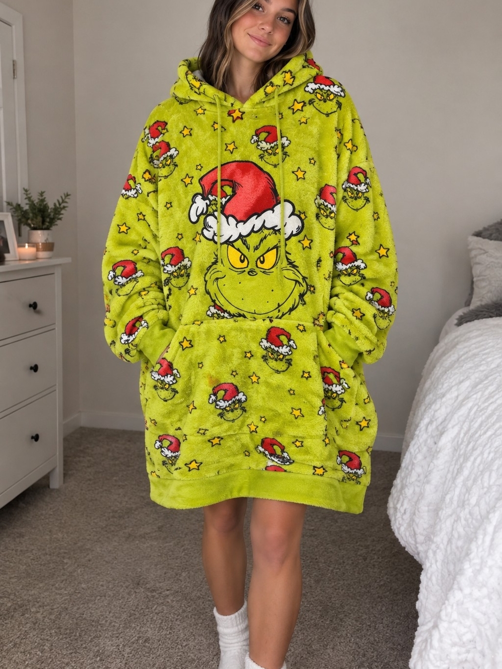 Womens Soft Grinch Hooded Sleep Shirt - Lime Green